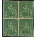 1861-70 ½d grass-green block of four Imperf, close to good margins, unused with large part o.g (a
