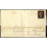 1841 entire from Tynemouth to London franked penny black Pl.1b KA, large margined example, tied