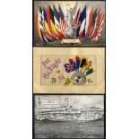 WORLD WAR I old album of 150 cards incl. Silks, Patriotic, Tanks, Zeppelins, Camps, Bairnsfather,