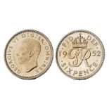 1952 proof sixpence, A/FDC. An exceedingly rare coin (new ESC 4267, R5), 1952 proofs are