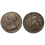 1672 farthing, AEF with attractive surfaces and good eye-appeal. A minor flan flaw at the end of the