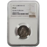 1911 proof shilling, practically FDC with beautiful rich tone, in an NGC slab, graded PF63.