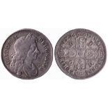 1675 halfcrown, with retrograde '1' in date, GVF with nice tone and some mint bloom remaining. S337.