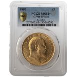 1902 Gold five pounds, BU and in a PCGS slab graded MS62+. Currency £5 pieces of this date are now