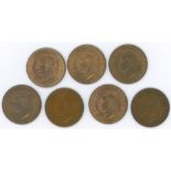 Pennies: 1937 (2), 1938, 1939 plus Geo V 1936, all UNC with considerable lustre/ABU, also 1950 (2)