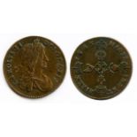 1663 pattern shilling in copper, ESC 1067A, R6. Only three to five examples known, this piece is