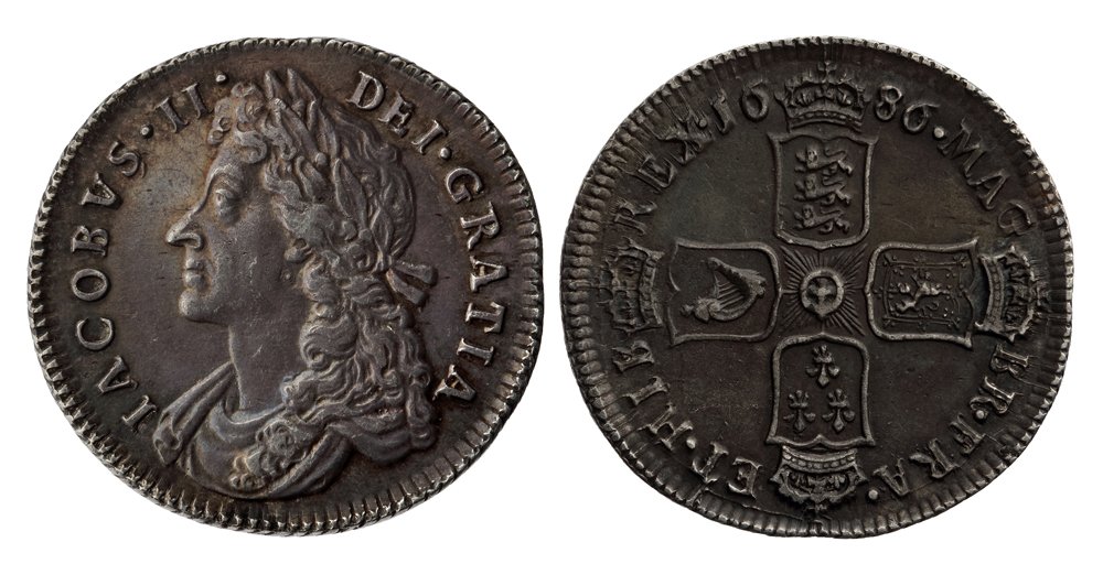 1686 shilling, choice EF with nice antique toning which is a little darker on the reverse. Rare in