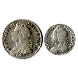 1739 roses shilling GF/VF, slight ek, plus 1757 sixpence fine, both lightly cleaned. (2)