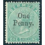 1875 Surch 1d on 1s green, a few shortish perfs (BPA Cert of 1986 states 'defective perforations