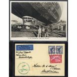 1932 (April 9th) Second South American flight card, franked Airs 20pf (pair) & 1m Zeppelin adhesive,