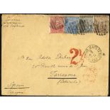 1882 (12 Mar) envelope to Spain, marked 'via England,' bearing Cape ½d, 1d, 2d & 4d, all cancelled