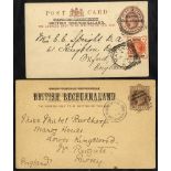 1892 (15 Jun) 1d card (1888 issue) from Kuruman to Surrey, cancelled by '534' barred numeral and