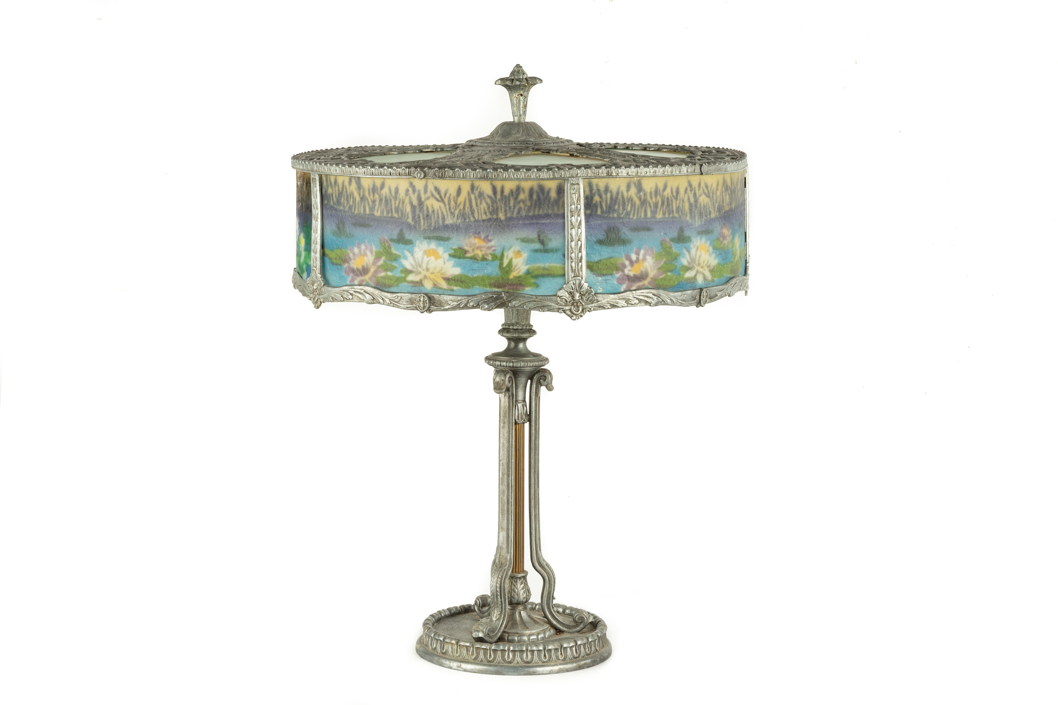 Reverse Painted Panel Lamp with Water Lilies