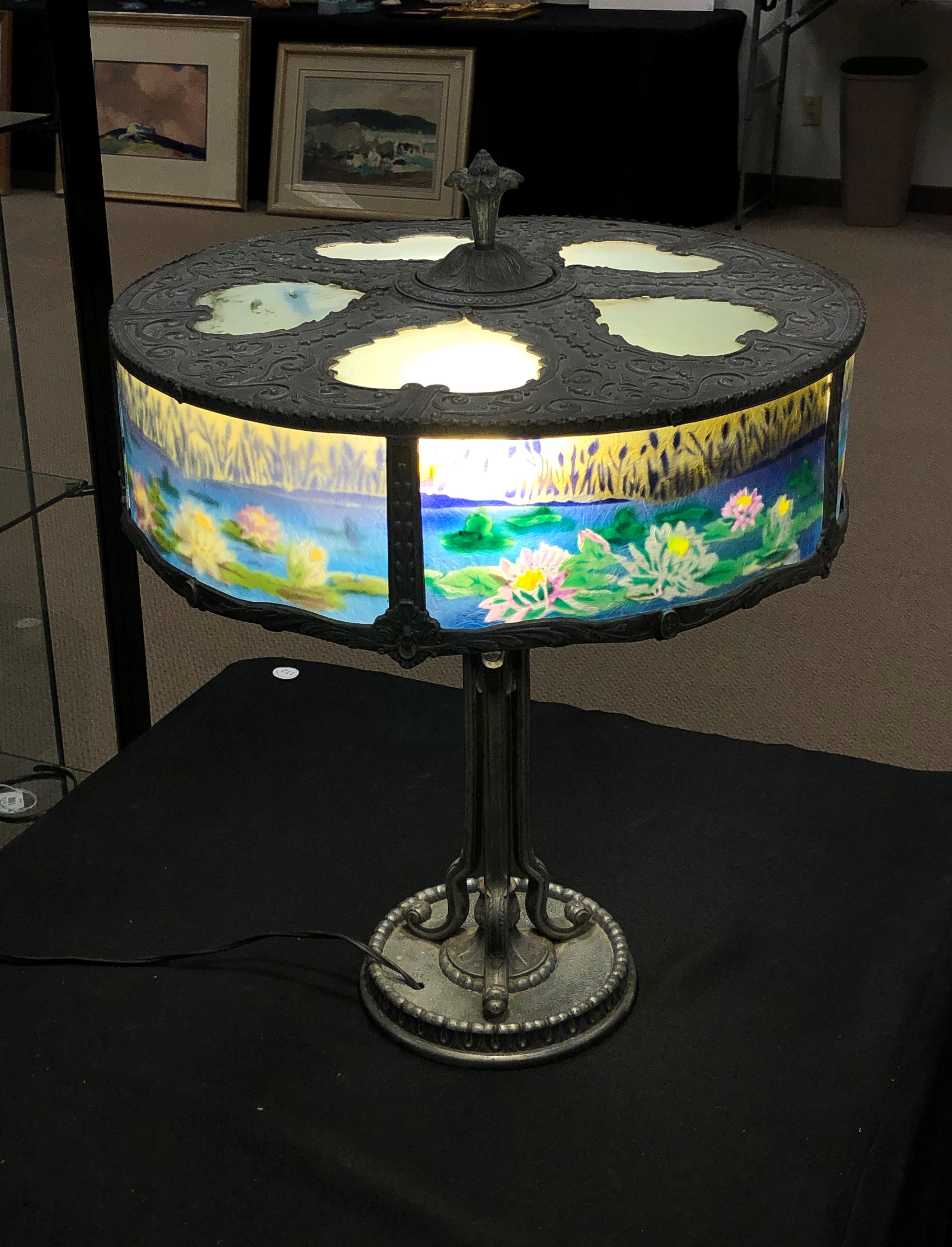 Reverse Painted Panel Lamp with Water Lilies - Image 2 of 3