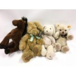 Two plush Harrods rabbits together with two yellow tag Steiff plush animals - Bear and horse).