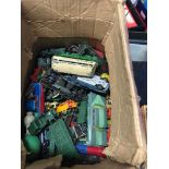Box of mixed play with diecast to include Matchbox, Dinky and Corgi.
