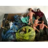 10 Palitoy Action Man figures (some flock haired together with a large collection of Action Clothing