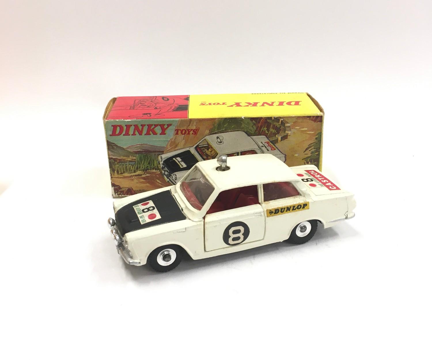 Dinky 212 Ford Cortina Rally Car - off white body, black bonnet, red interior, chrome roof light and