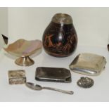 Collection of silver items to include a fruit nut with a silver and gold rim