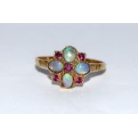 9ct gold ladies antique opal and ruby flower ring size O