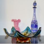 Large studio art glass dish together a Vaseline glass vase and another colored glass decanter