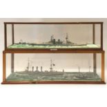 2 glass case models of first and second world war naval ships HMS Repulse and German battle