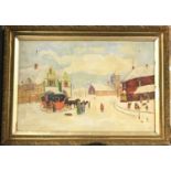 Gilt frame oil on canvas winter church village scene signed and date 1947 70x50cm