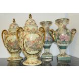 Pair of Victorian cloisonne lidded jars together a pair of vases 35cm tall