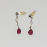 Pair white gold pearl and ruby drop earrings