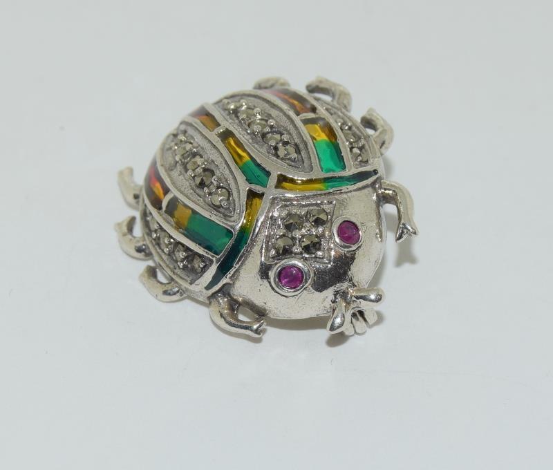 Silver and plique a jour bug brooch set with marcasite - Image 3 of 4