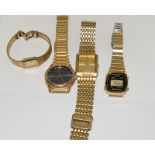 Four vintage gold tone watches including Avia, Citizen, Casio.