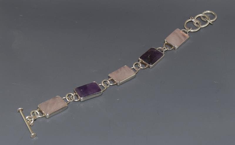 An Amethyst Rose Quartz 925 silver T bar bracelet.