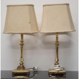 A pair of modern brass table lamps with matching shades.
