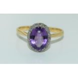 Antique 18ct amethyst and diamond ring. Size P. 3.1 grams.