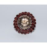 Huge silver smokey quartz and garnet ring. 35.3mm. Size P.