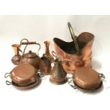 Copper helmet shaped coal bucket together with miscellaneous copper items to include cooking pans