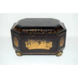 Oriental lacquer and gold decorated twin compartment tea caddie, with fitted inside.