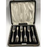 Boxed set silver hall marked cake forks