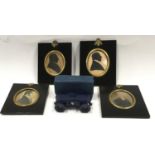 Cased set opera glassesby Maw of London together 4 Victorian miniature silhouette portraits