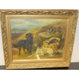 Gilt frame picture of dogs "after the shoot " signed to the left corner 65x55cm