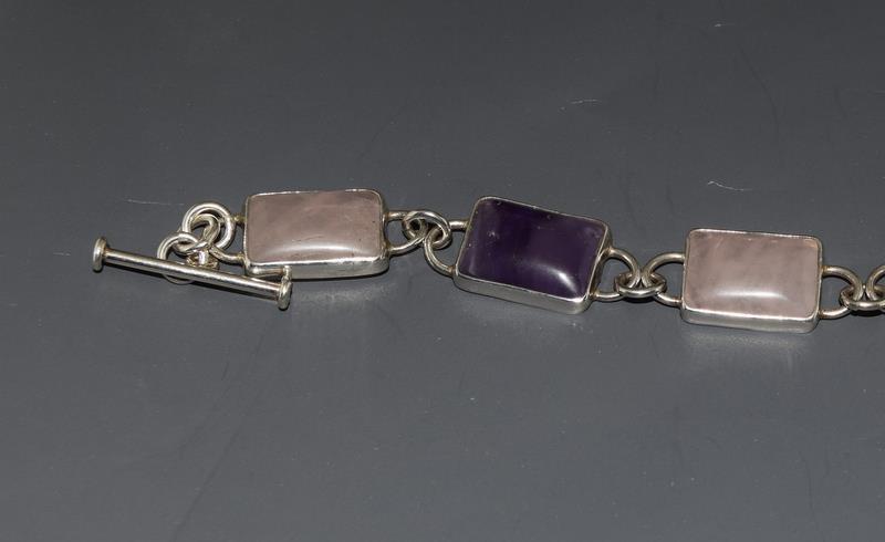 An Amethyst Rose Quartz 925 silver T bar bracelet. - Image 2 of 4