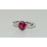 Valentines Ruby heart on wings 925 silver ring, size P.