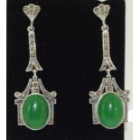 Pair of silver marcasite and jadeite art deco style drop earrings