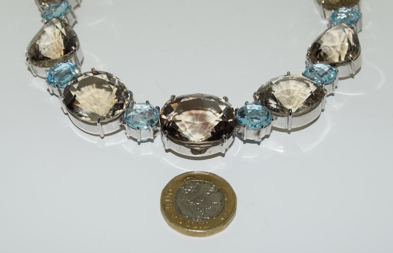 Large silver and smokey quarts with blue topaz necklace - Image 2 of 7