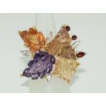 14ct gold on silver ladies carved citrine and amethyst leaf ring size P