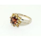 9ct white gold ladies garnet and yellow quarts cluster ring size N 3.2g