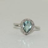 Pear Cut blue Topaz accent diamond 925 silver ring, Size S.