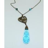 Antique Art Nouveau floral gilt metal and glass pendant necklace.