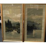 Pair of oriental scenes on silk fabric in gilt frames 90x50cm