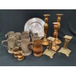 A quantity of pewter mugs together misc bronze and brass items